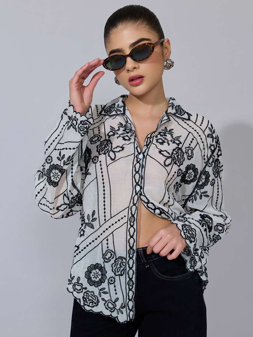 women embroidered collared long sleeve shirt
