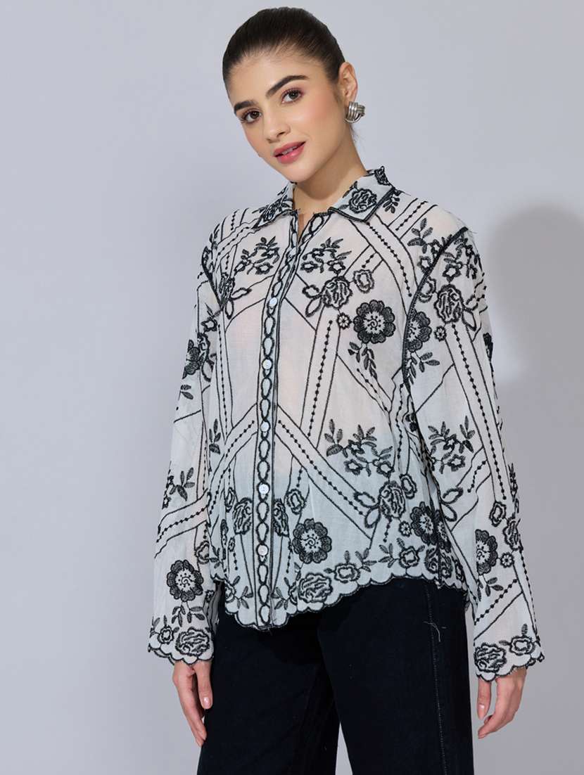 women embroidered collared long sleeve shirt - 22396076 -  Standard Image - 3
