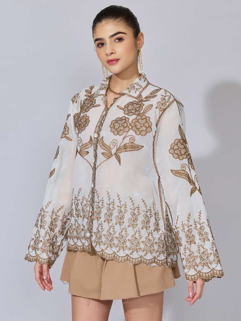 women embroidered collared long sleeve shirt - 22396078 -  Standard Image - 3