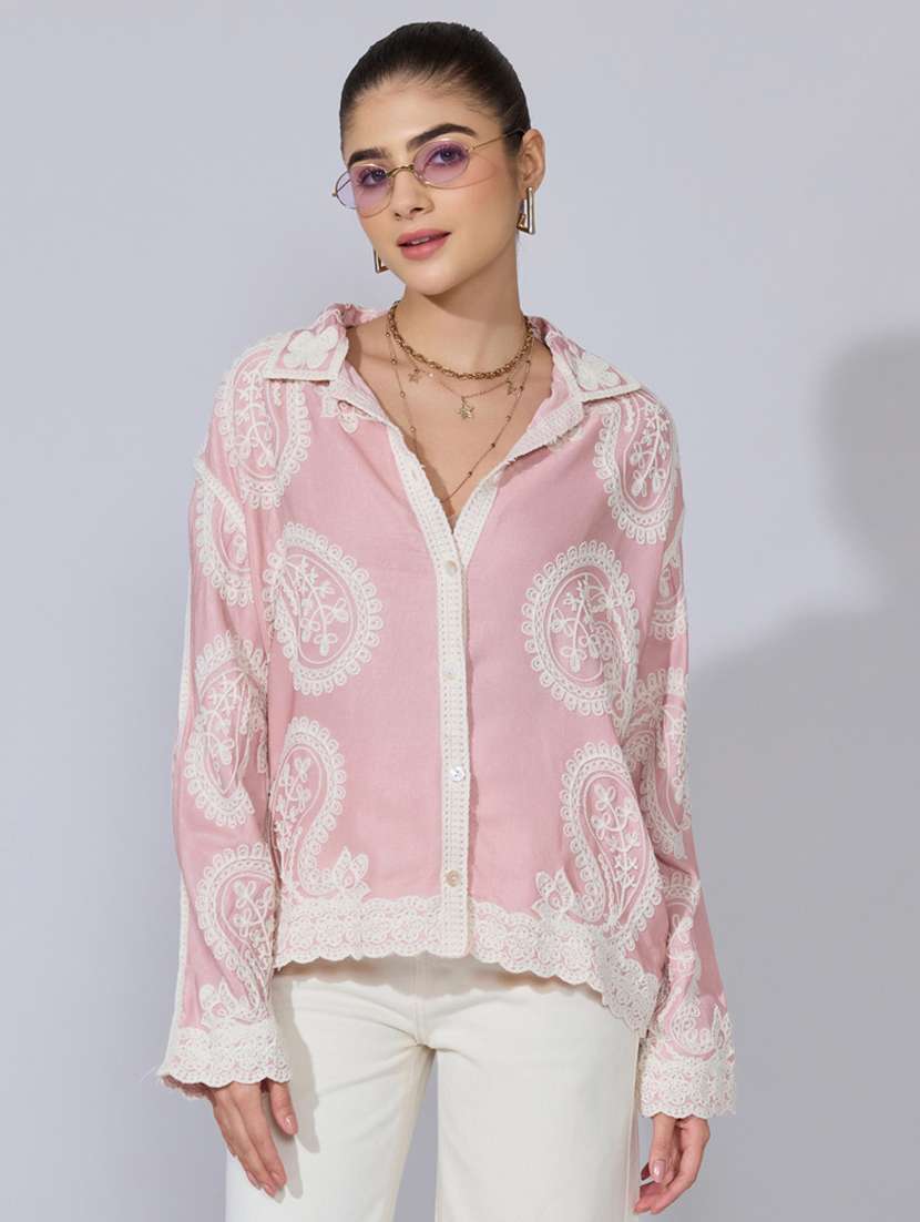 women embroidered collared long sleeve shirt