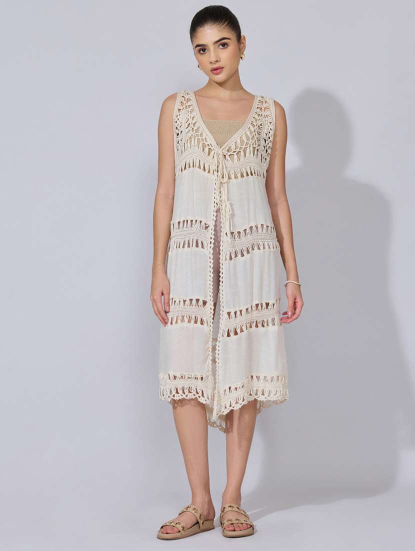 women self designed sleeveless crochet shrug