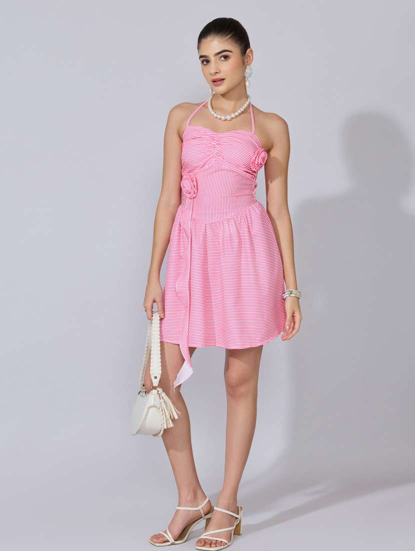 women striped halter neck fit & flare dress