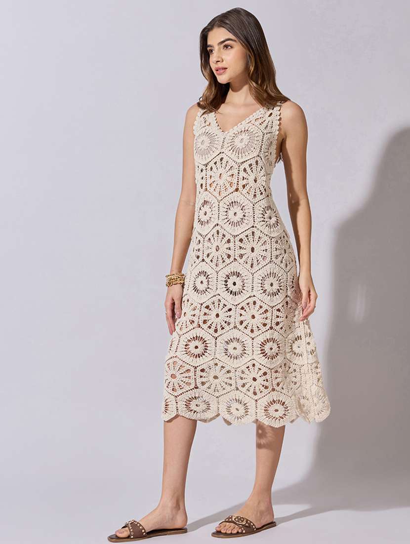 women self designed sleeveless a-line dress