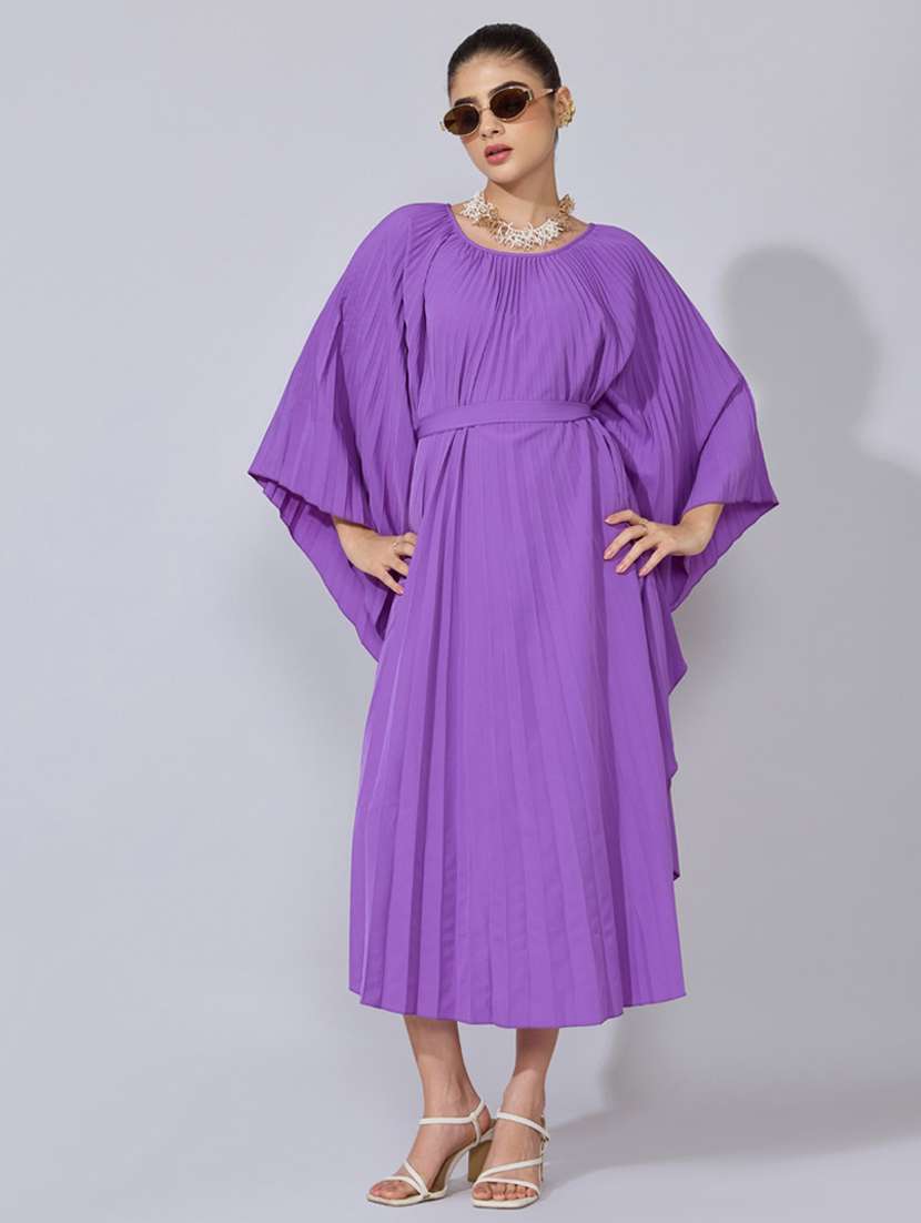 women solid kimono sleeve flared dress