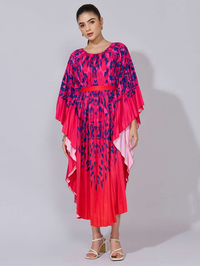 women printed kimono sleeve flared dress