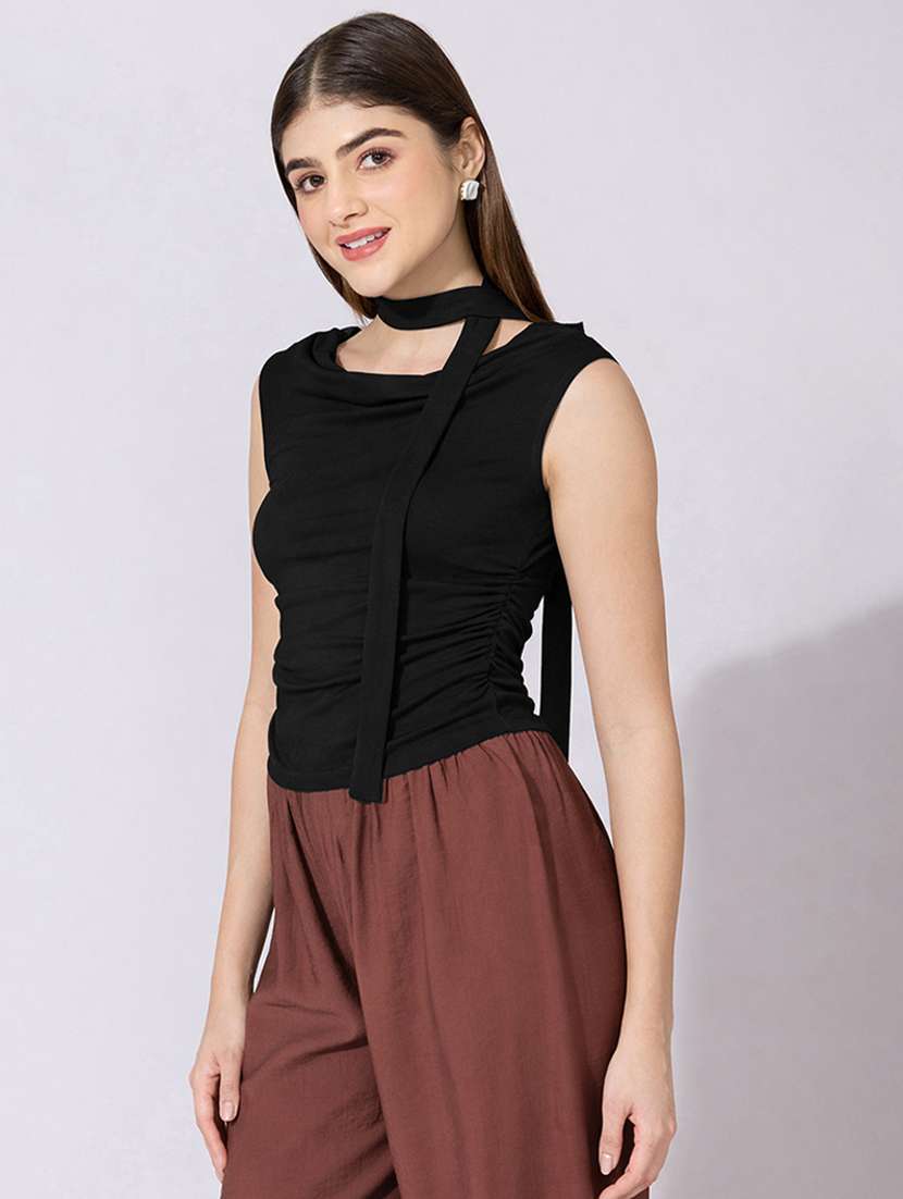 women solid off shoulder top with neck tie - 22396137 -  Standard Image - 3