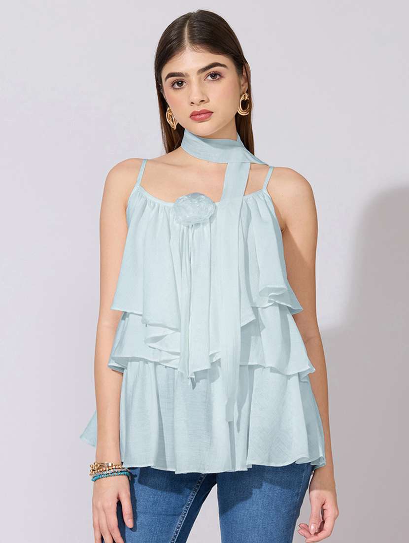 women solid shoulder strap ruffle top with neck tie