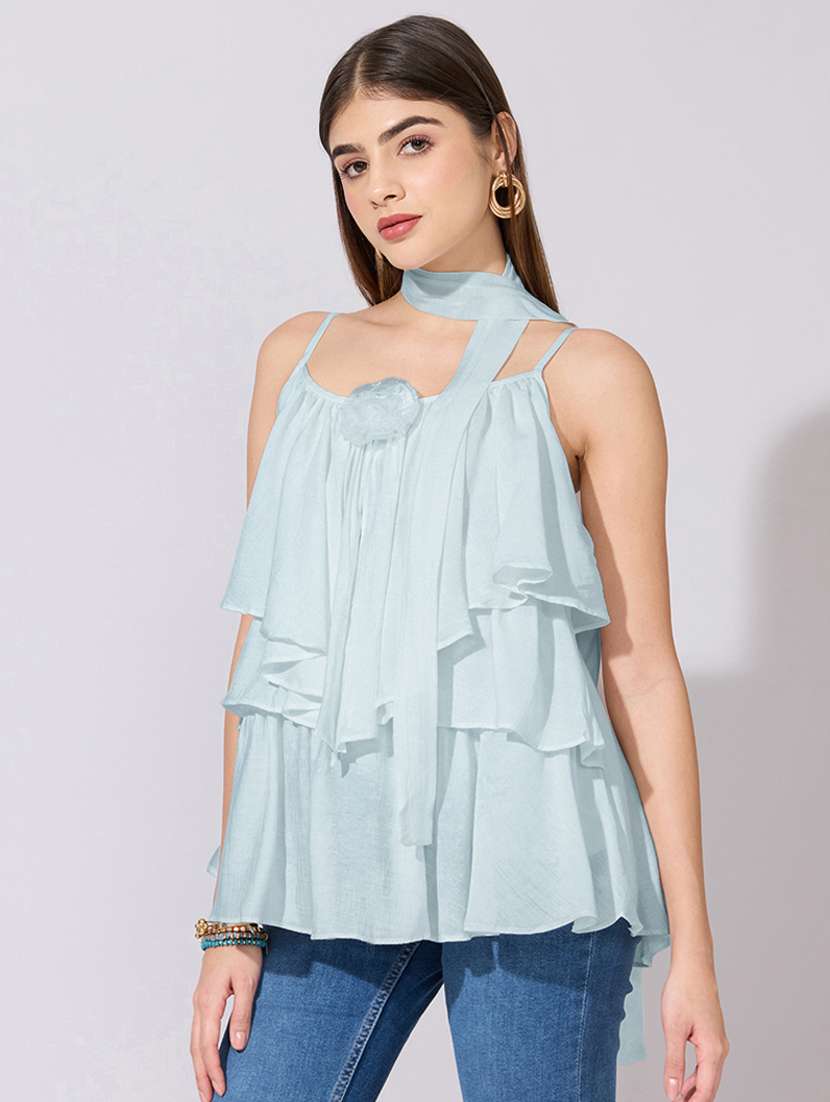 women solid shoulder strap ruffle top with neck tie - 22396138 -  Standard Image - 3