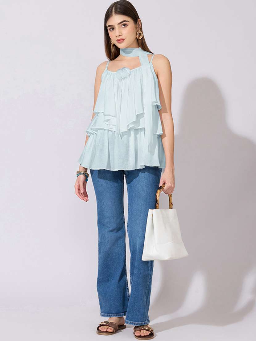 women solid shoulder strap ruffle top with neck tie - 22396138 -  Standard Image - 5