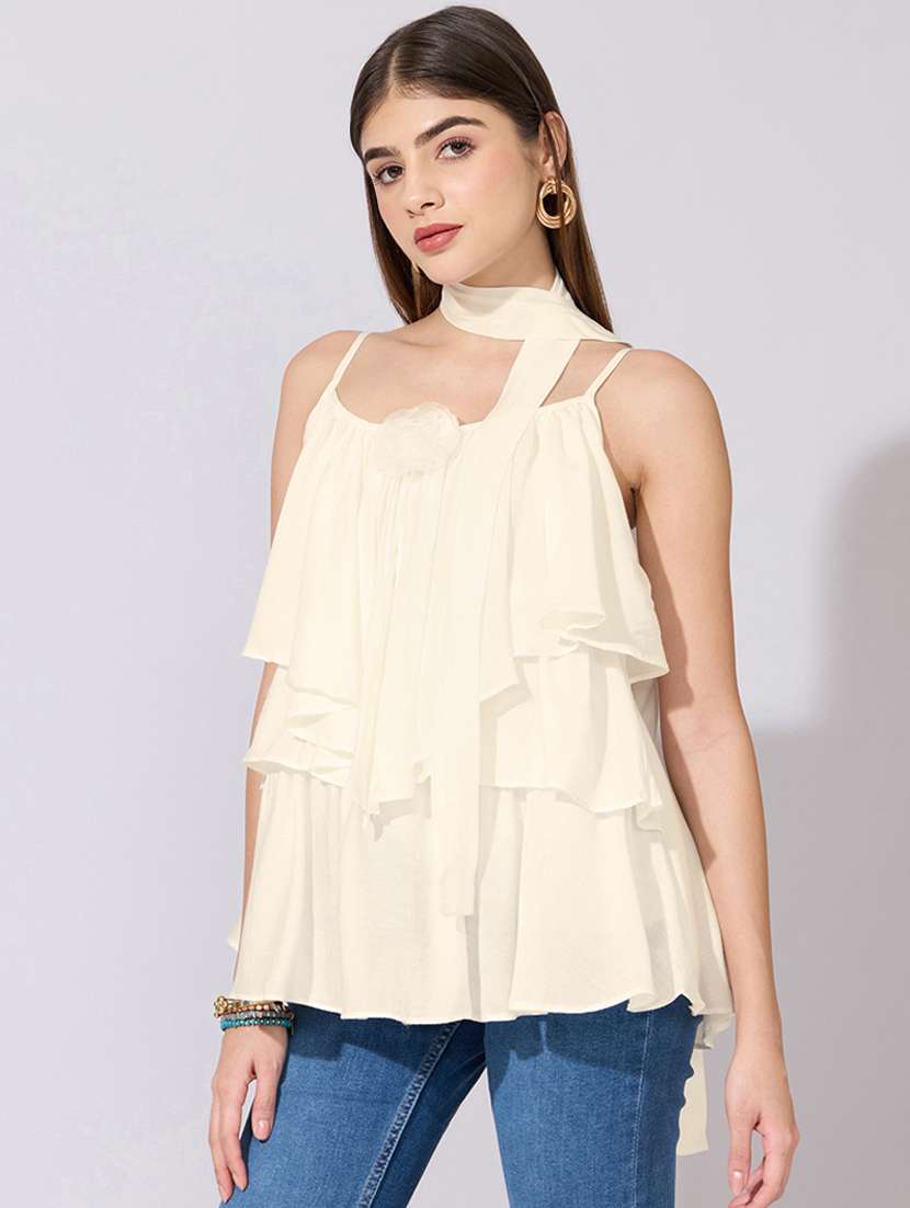 women solid shoulder strap ruffle top with neck tie - 22396139 -  Standard Image - 3