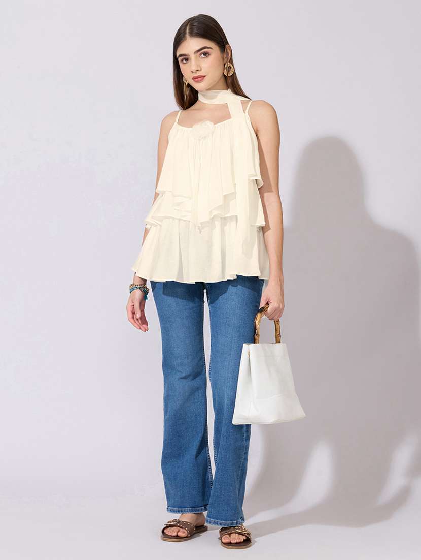 women solid shoulder strap ruffle top with neck tie - 22396139 -  Standard Image - 5