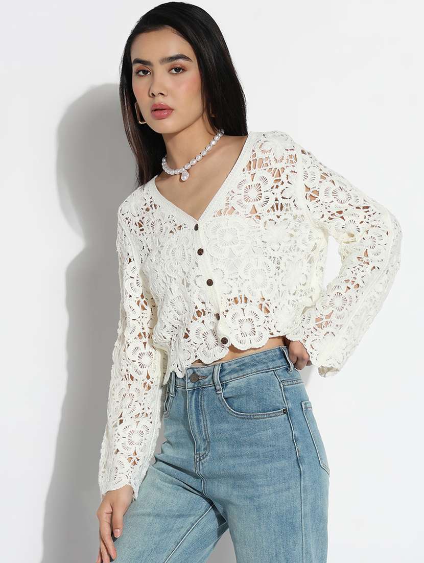 women self designed bell sleeve crochet top - 22396142 -  Standard Image - 3