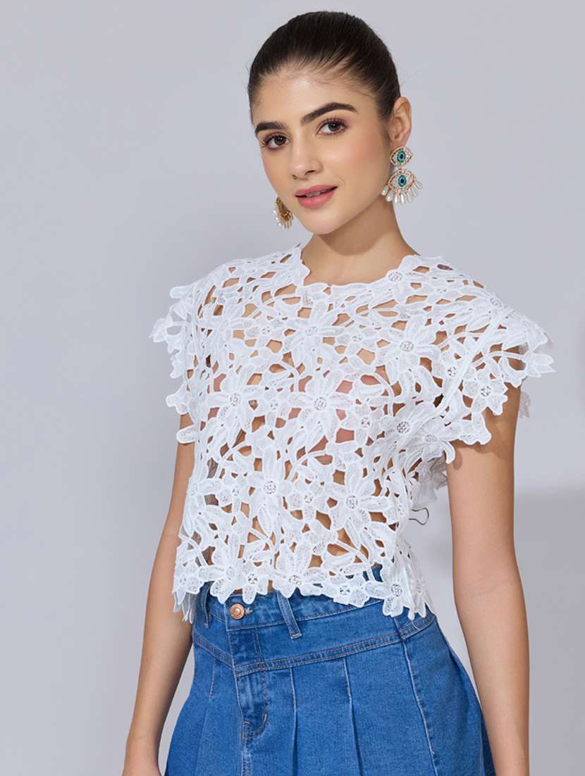 women self designed short sleeve sheer top - 22396147 -  Standard Image - 3