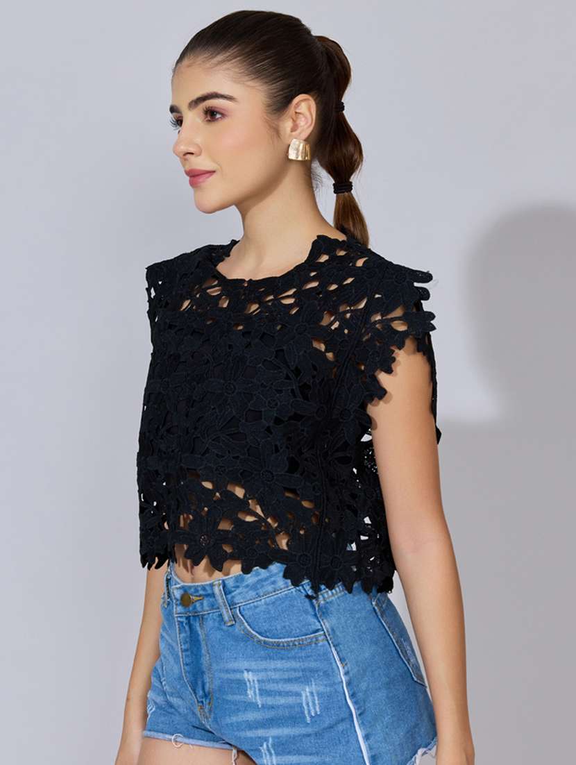 women self designed short sleeve sheer top - 22396148 -  Standard Image - 3