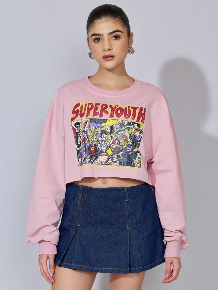 women printed long sleeve crop sweatshirt