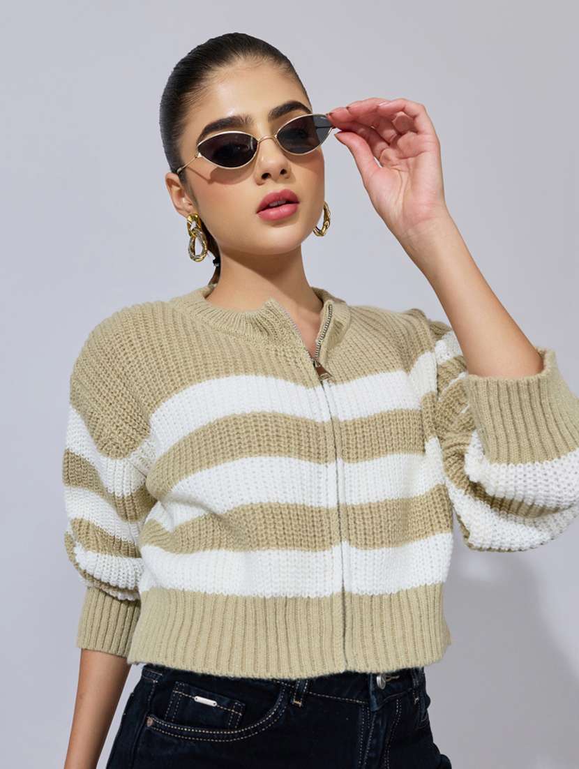 women striped long sleeve crop cardigan