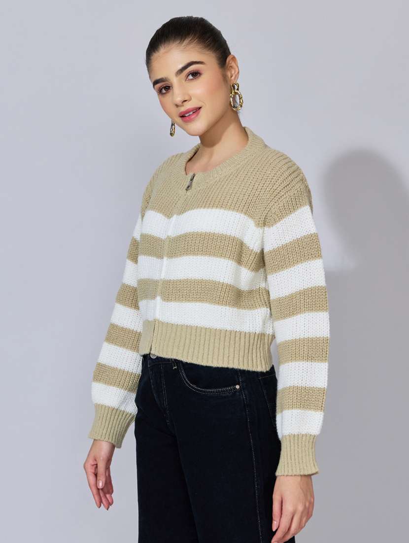 women striped long sleeve crop cardigan - 22396152 -  Standard Image - 3