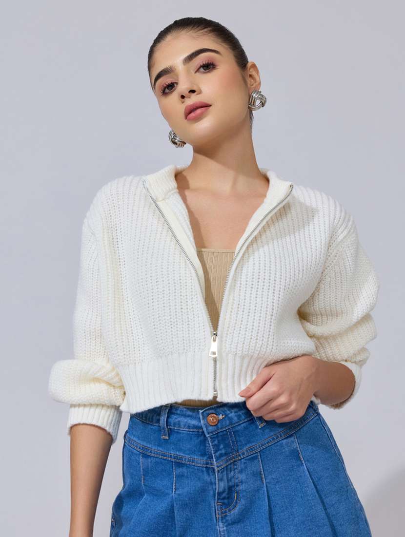 women solid long sleeve hooded crop cardigan