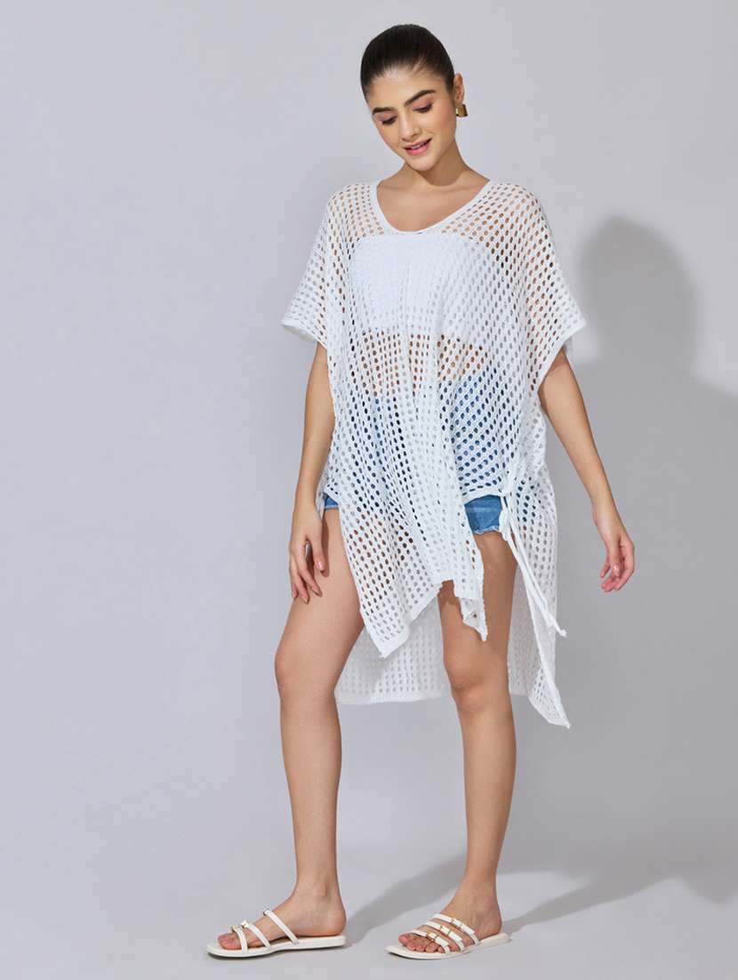 women solid short sleeve sheer asymmetric top - 22396154 -  Standard Image - 3