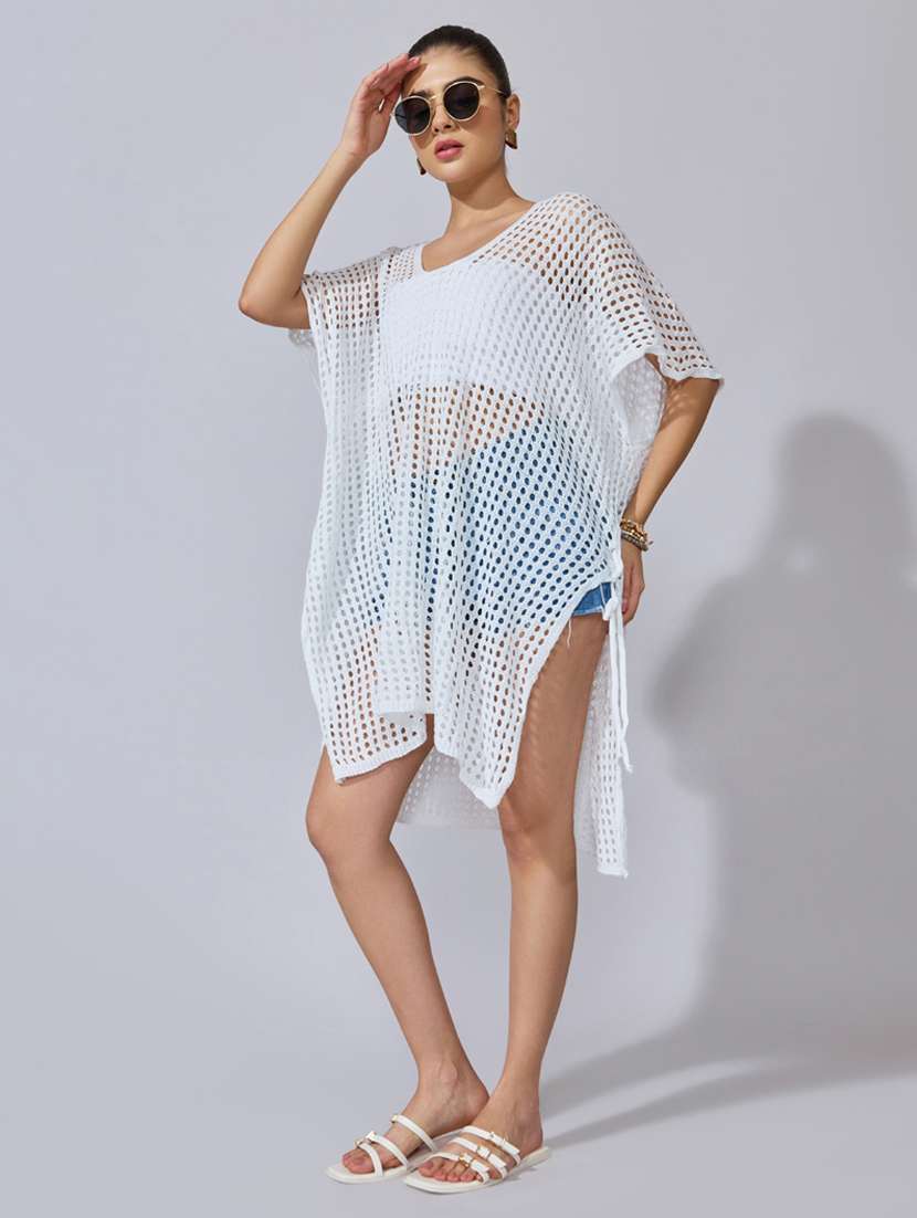 women solid short sleeve sheer asymmetric top - 22396154 -  Standard Image - 5