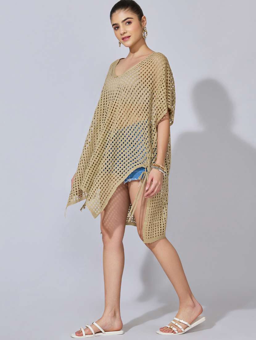 women solid short sleeve sheer asymmetric top - 22396156 -  Standard Image - 3