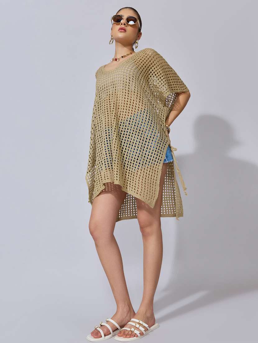 women solid short sleeve sheer asymmetric top - 22396156 -  Standard Image - 5