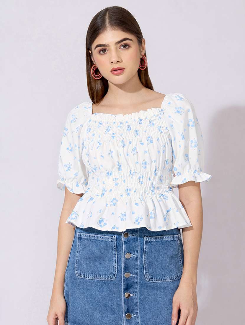 women printed puff sleeve peplum top