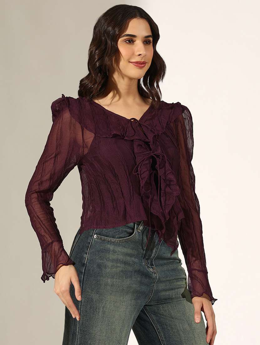 women solid long sleeve sheer ruffle top - 22396163 -  Standard Image - 3