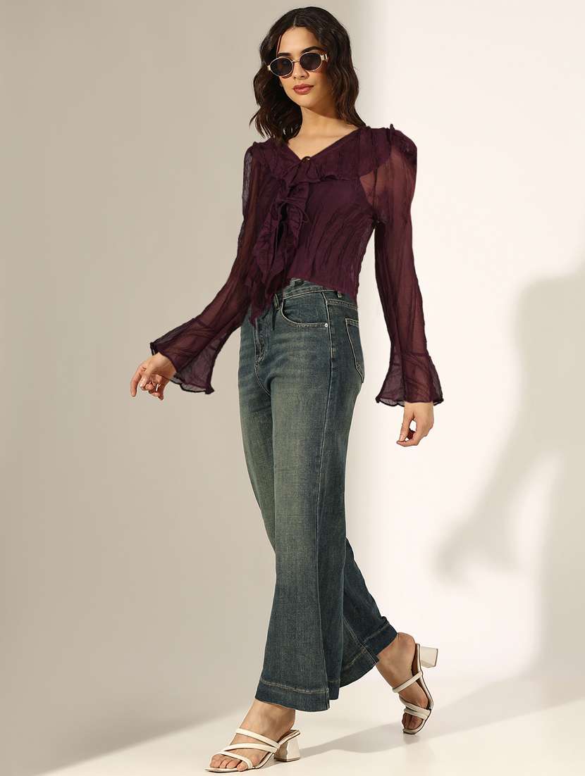 women solid long sleeve sheer ruffle top - 22396163 -  Standard Image - 5