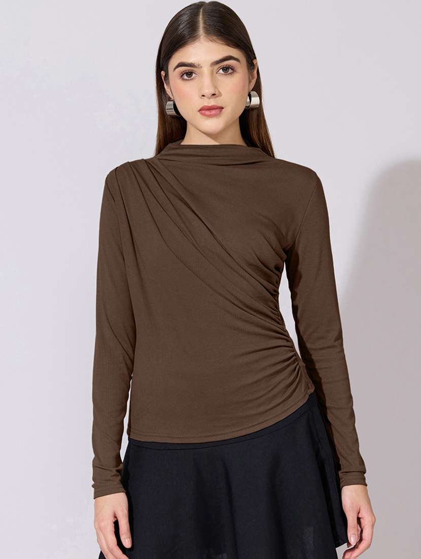 women solid long sleeve ruched top