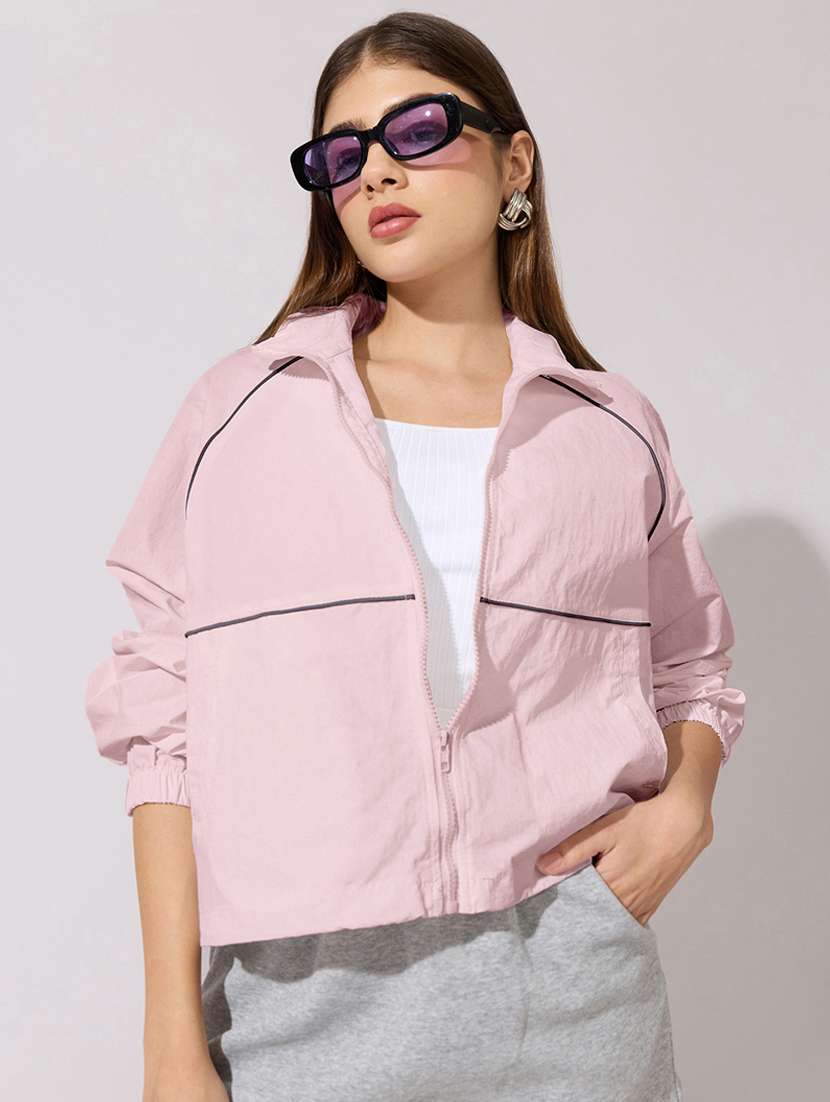 women solid long sleeve windcheater jacket