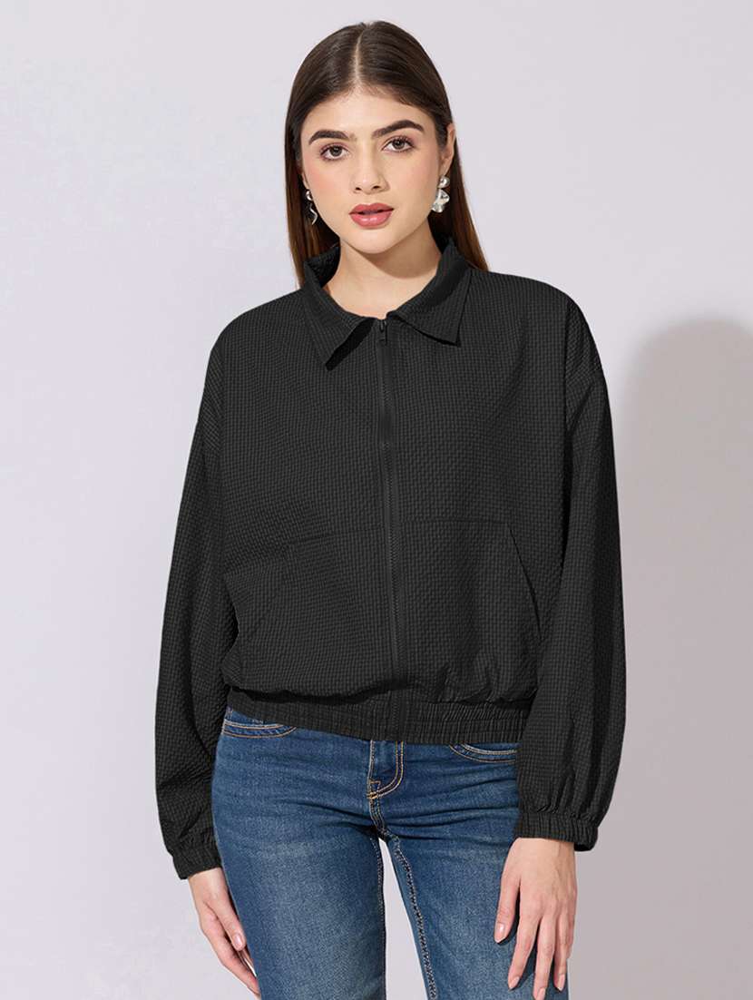 women solid long sleeve biker jacket