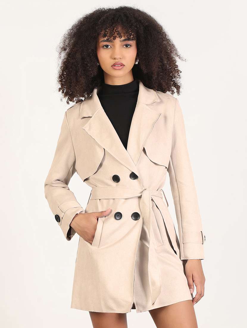 women solid long sleve double breasted coat