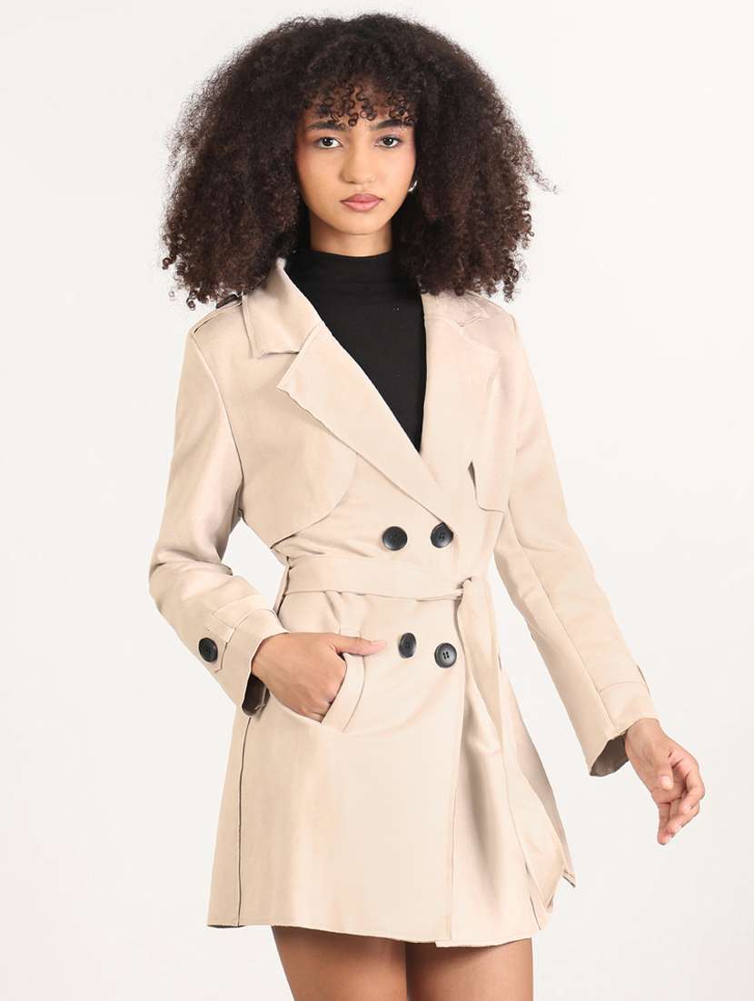 women solid long sleve double breasted coat - 22396173 -  Standard Image - 3