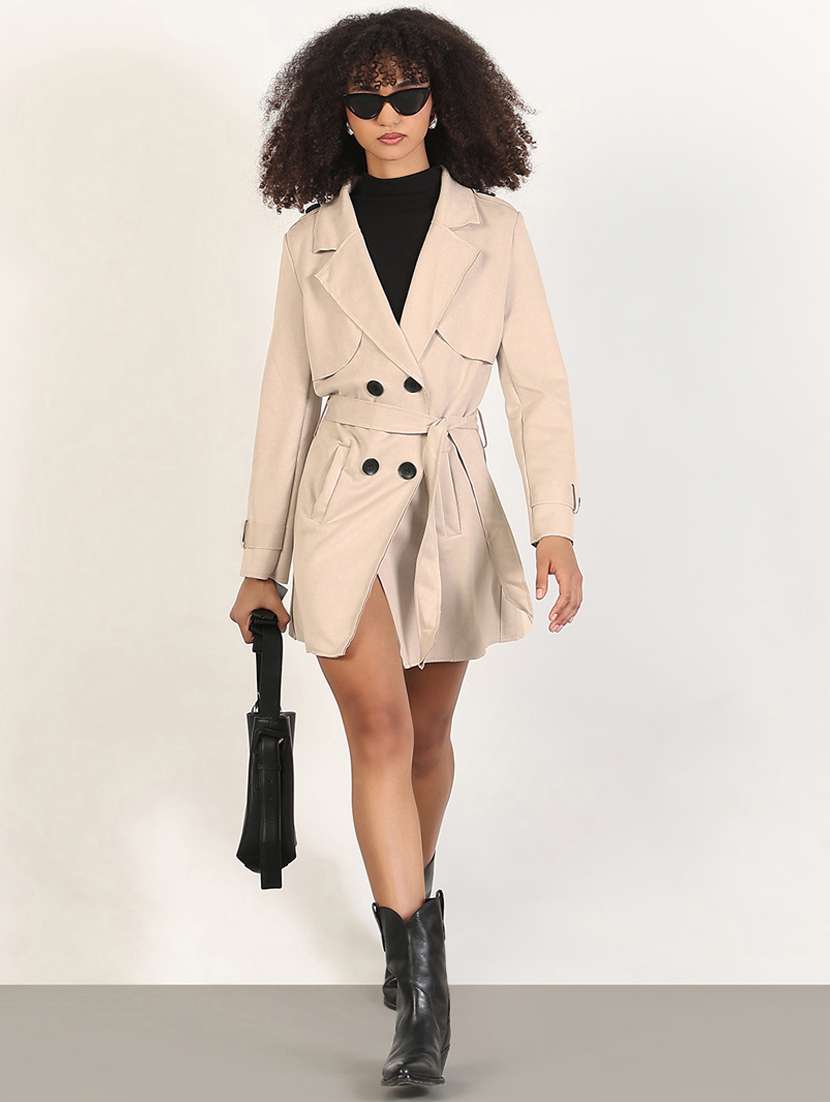 women solid long sleve double breasted coat - 22396173 -  Standard Image - 5