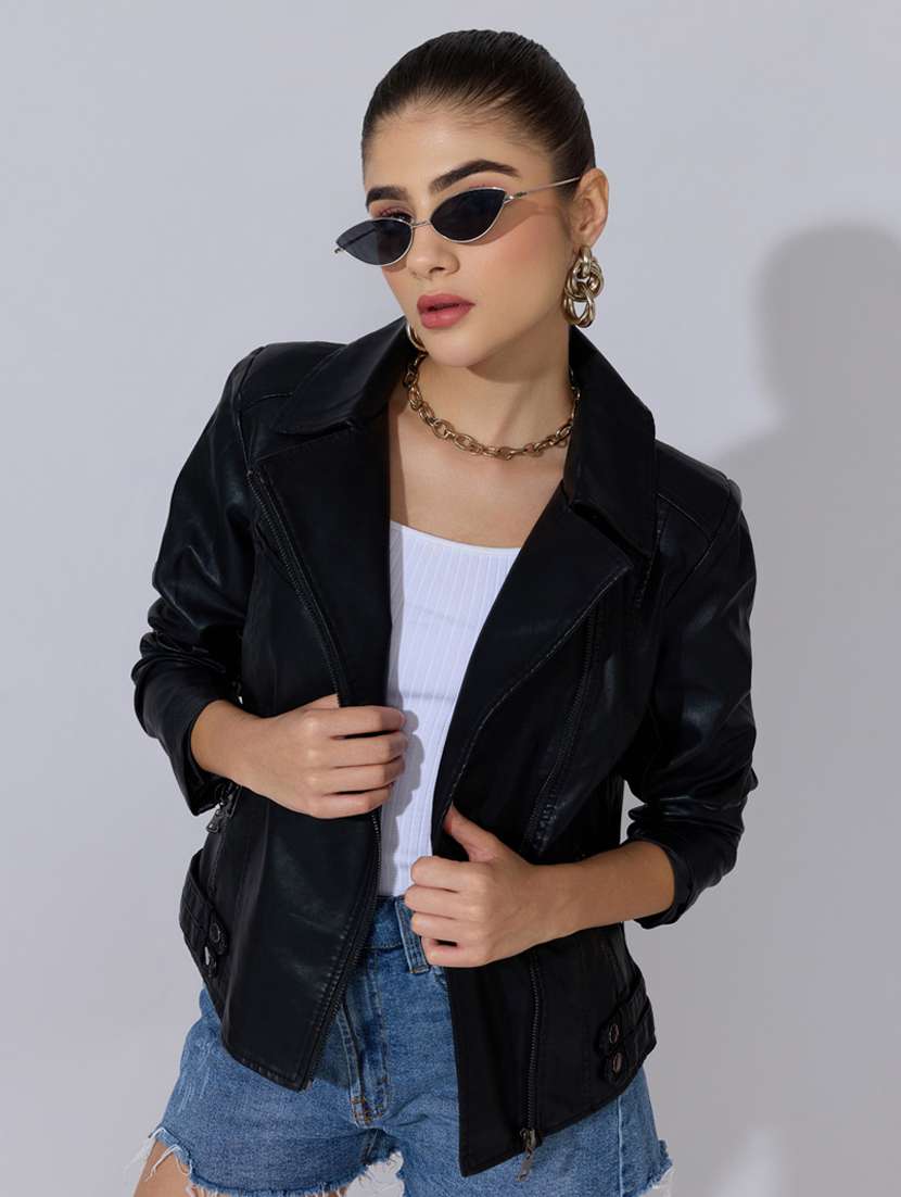 women solid long sleeve leatherette biker jacket