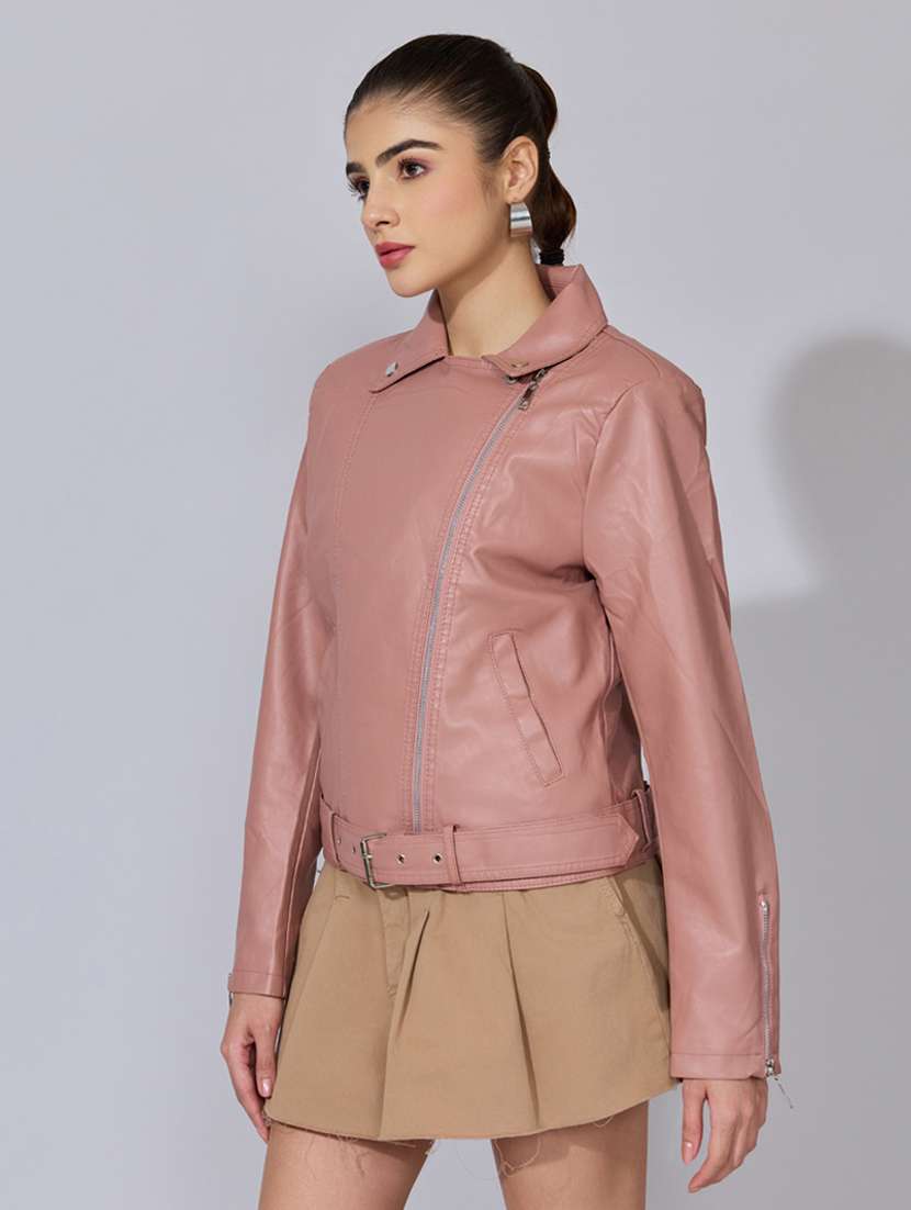 women solid long sleeve leatherette biker jacket - 22396175 -  Standard Image - 3
