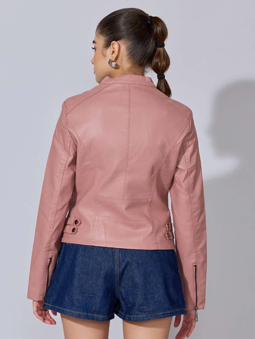 women solid long sleeve leatherette biker jacket - 22396176 -  Standard Image - 3