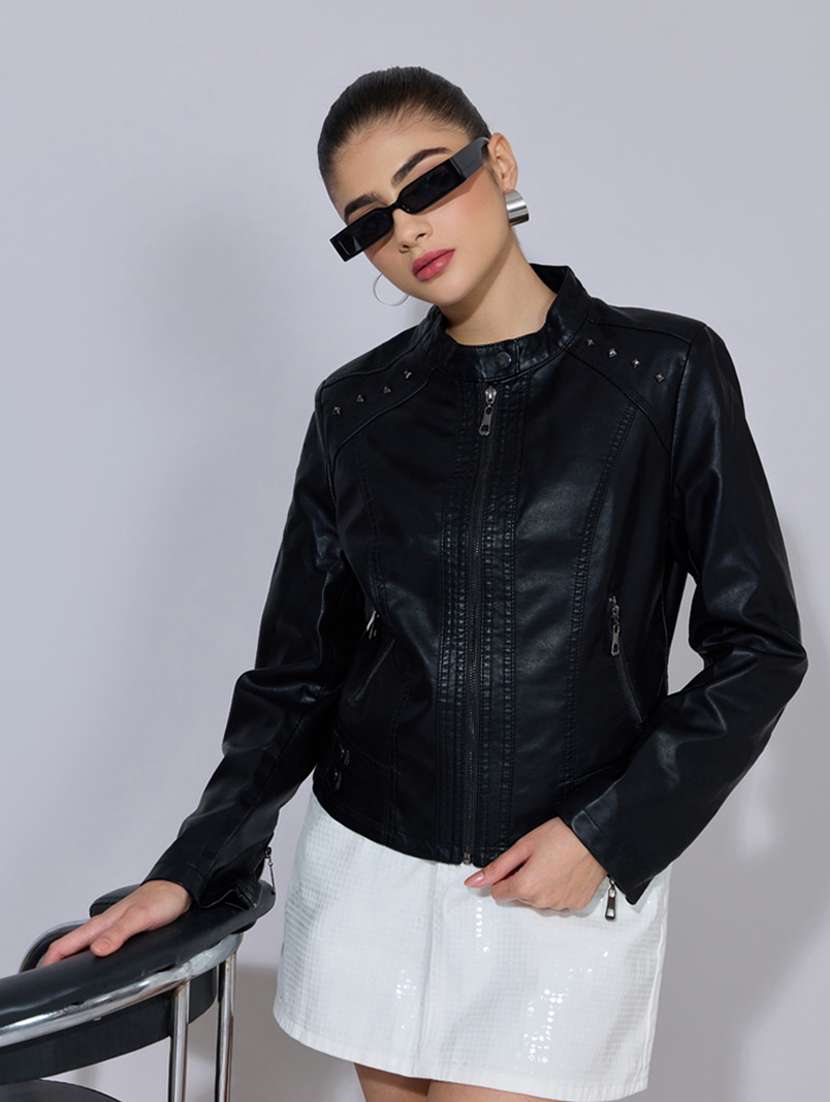 women solid long sleeve leatherette biker jacket