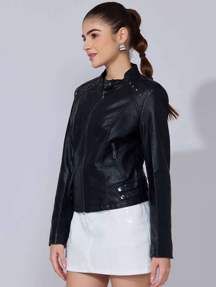 women solid long sleeve leatherette biker jacket - 22396177 -  Standard Image - 3