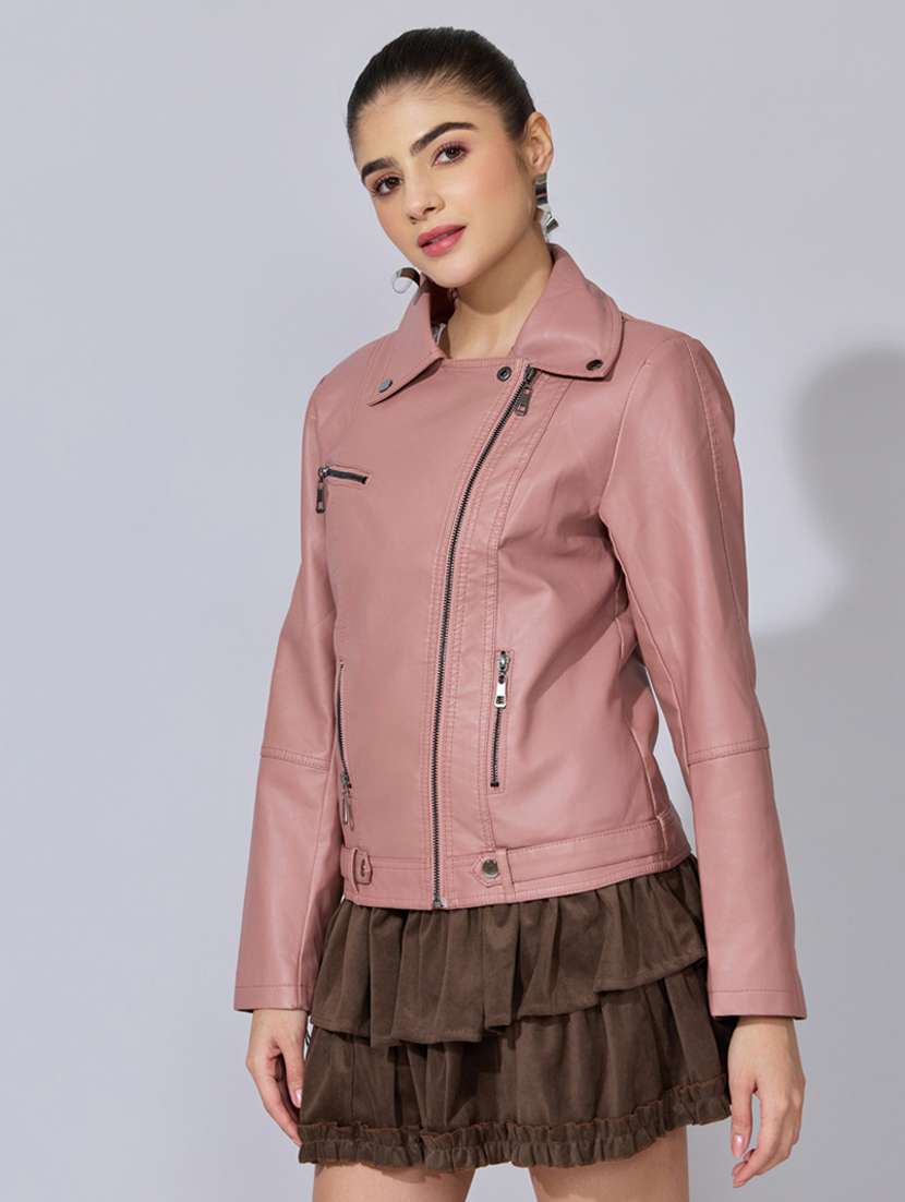 women solid long sleeve leatherette biker jacket - 22396178 -  Standard Image - 3