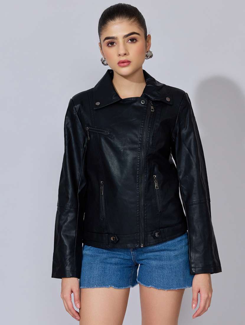 women solid long sleeve leatherette biker jacket