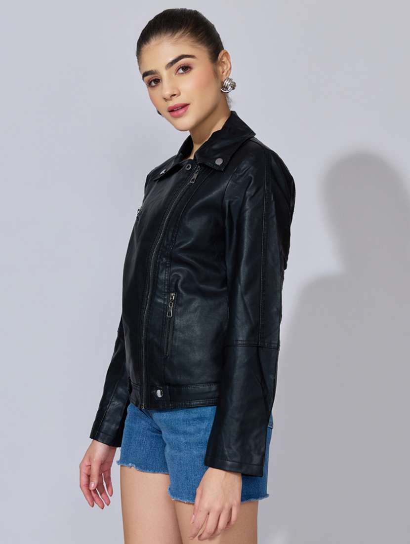 women solid long sleeve leatherette biker jacket - 22396179 -  Standard Image - 3