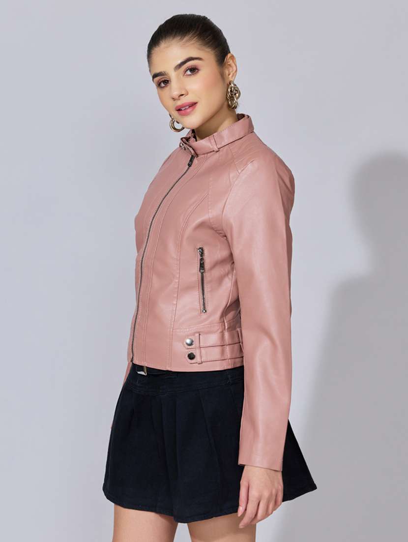 women solid long sleeve leatherette biker jacket - 22396180 -  Standard Image - 3