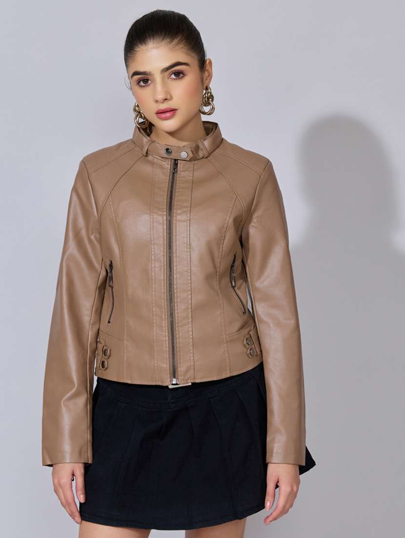 women solid long sleeve leatherette biker jacket