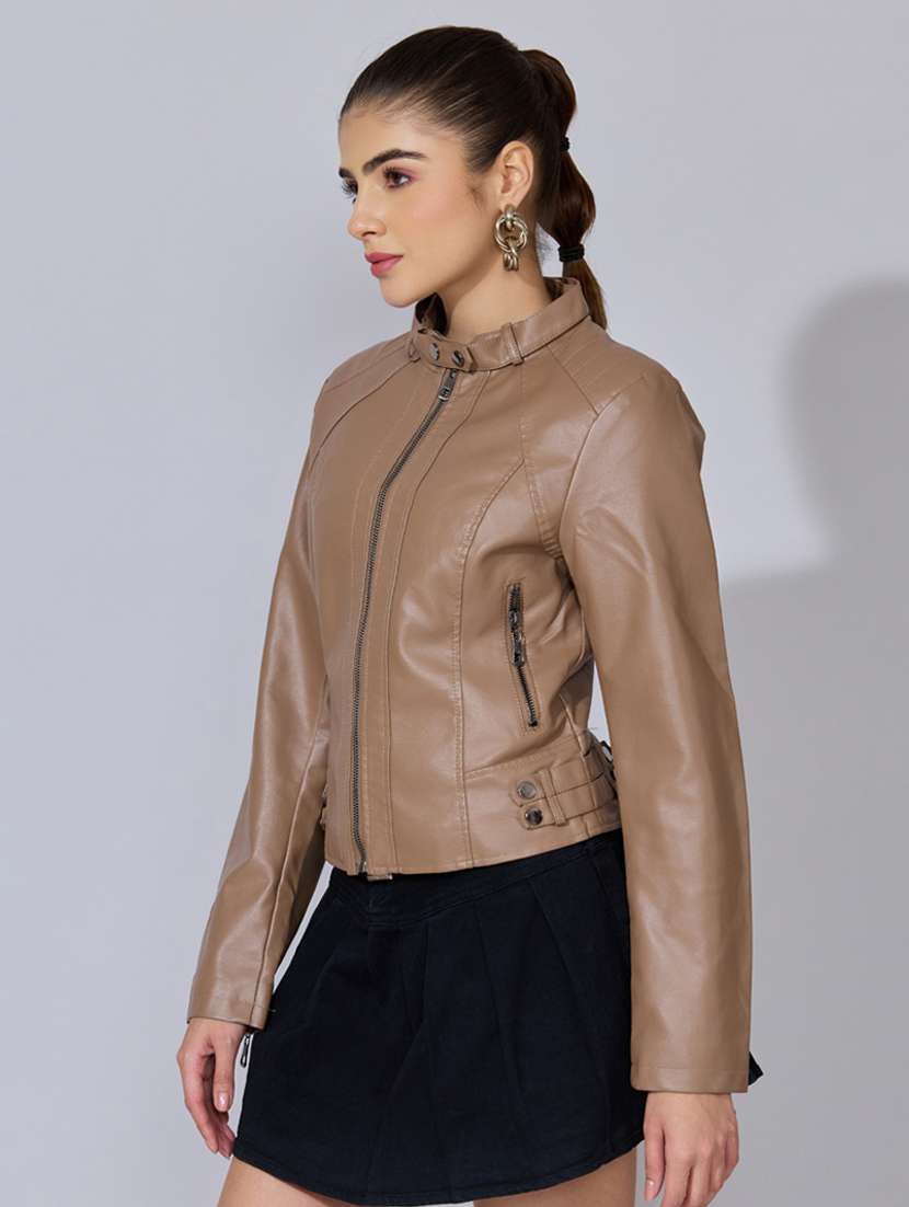 women solid long sleeve leatherette biker jacket - 22396181 -  Standard Image - 3