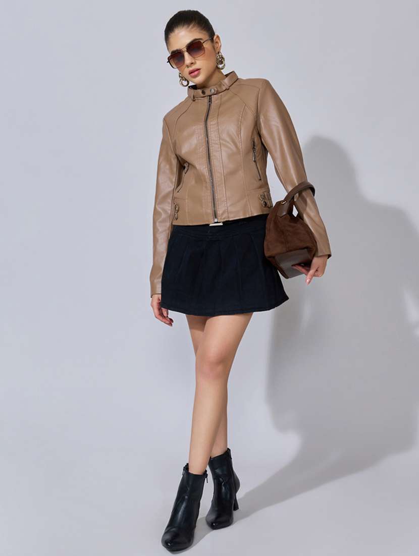 women solid long sleeve leatherette biker jacket - 22396181 -  Standard Image - 5