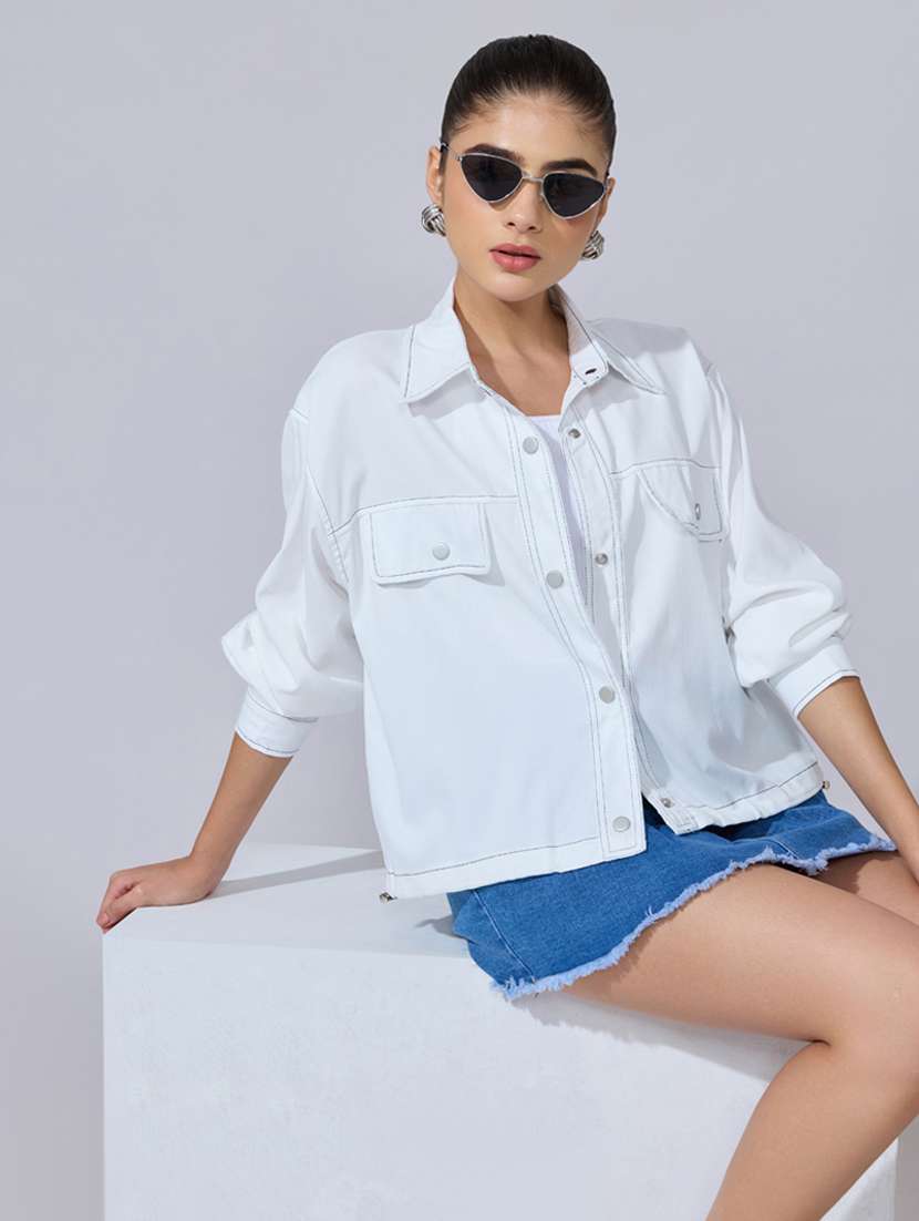 women solid long sleeve oversized denim jacket