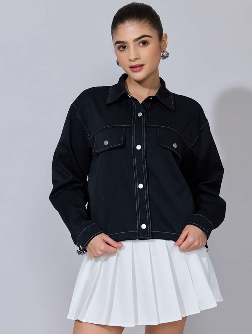 women solid long sleeve oversized denim jacket