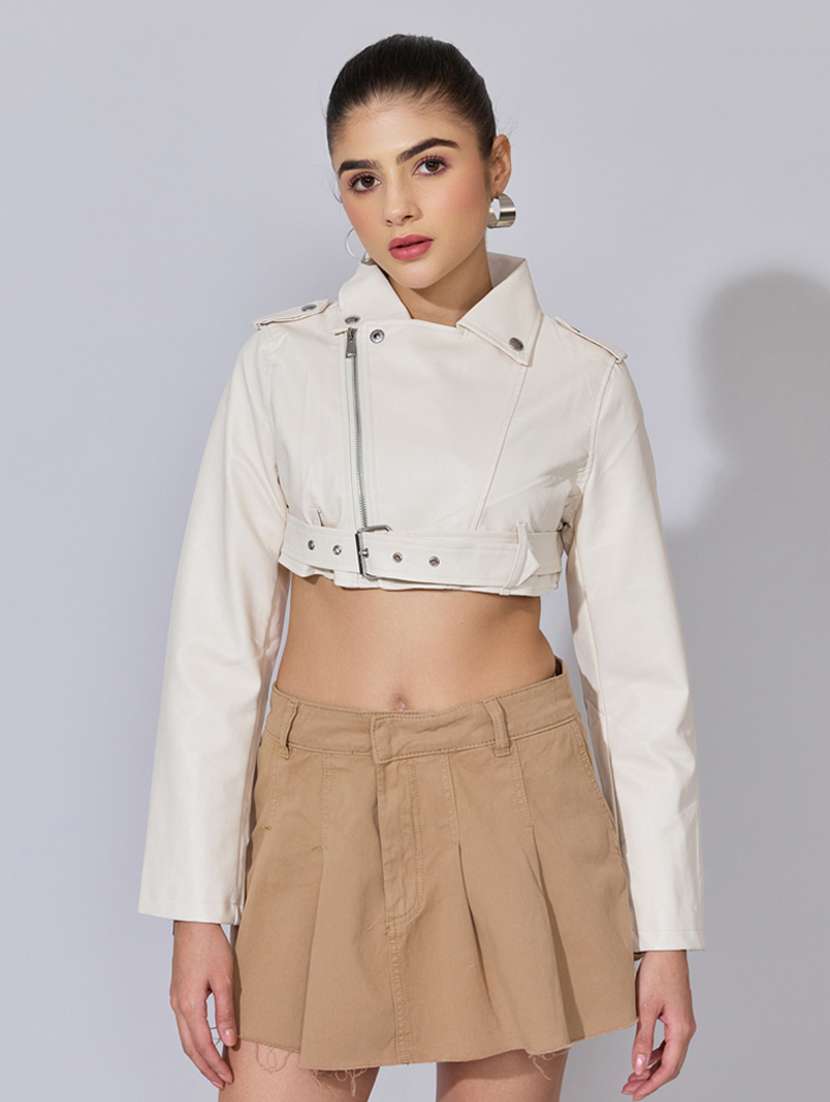 women solid long sleeve crop leatherette jacket